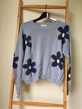By Together Pale Blue Crewneck Sweater with Navy Floral Accents